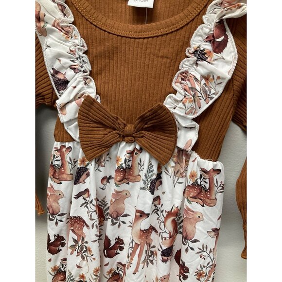Girl's Ruffle Romper Set Long Sleeve Deer Print Brown/White 9-12 months - Picture 2 of 5